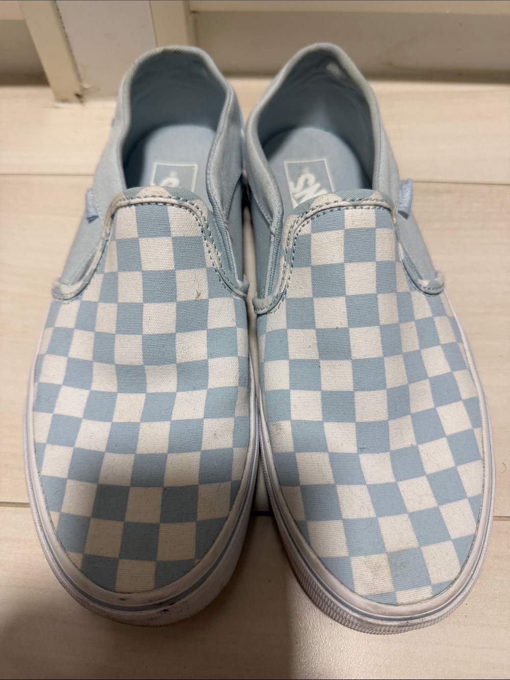 Vans women’s Slip-On Checkerboard in Light Blue and White